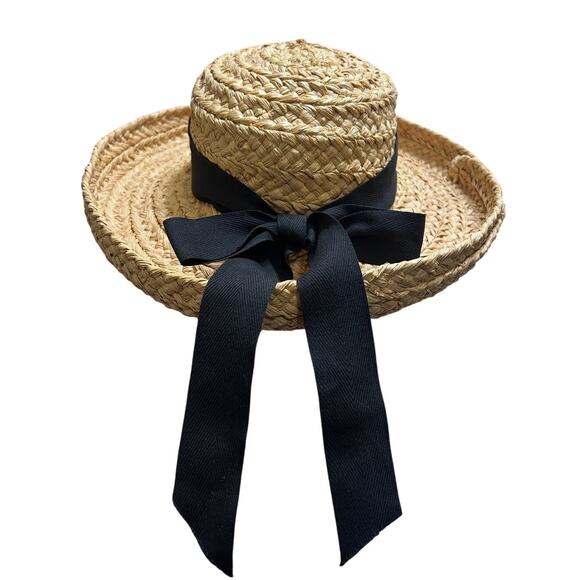 Helen Kaminski Classic 5 Raffia Sun Hat Natural Blk Ribbon Beach Coastal Resort - Picture 3 of 10